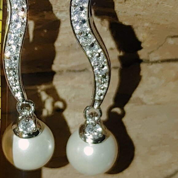 Necklace Earring Set 925 Sterling Silver 18 inch Faux Pearl Cubic Zirconia - Picture 5 of 13